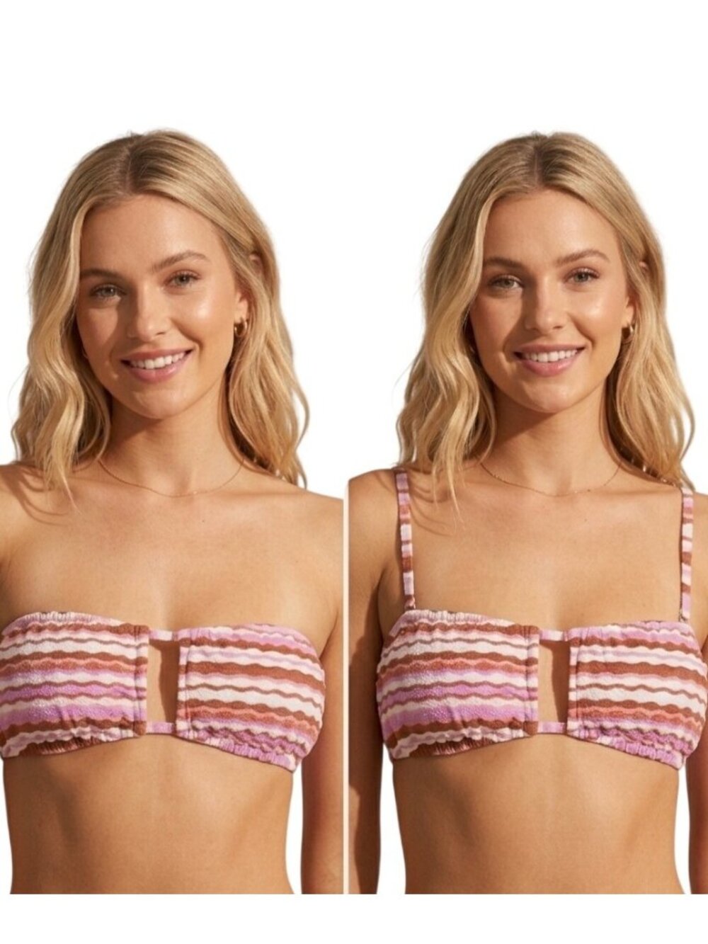 New Shade & Shore Bandeau Swim Top Pique Pink Purple Multi Stripe Convertible